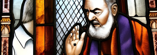 Padre Pio with outstretched hands, depicting the sacred stigmata wounds on his palms.