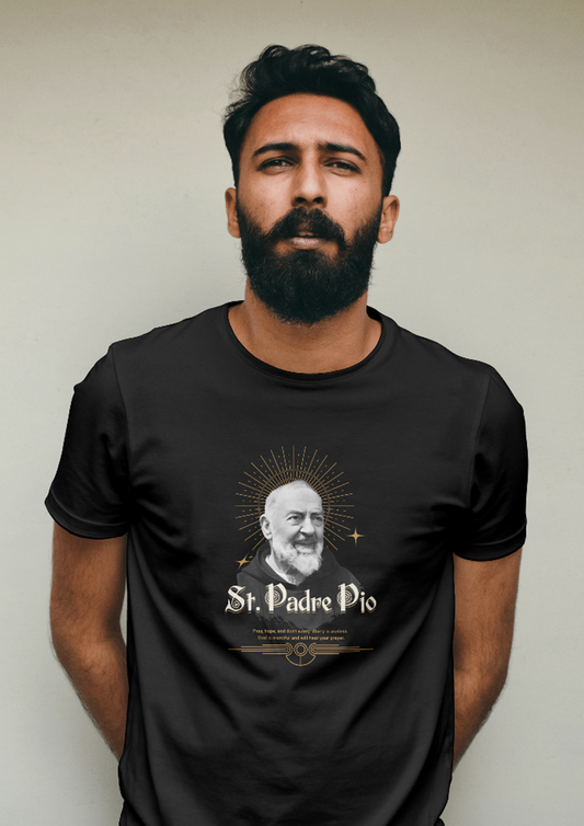 Men's St. Padre Pio Inspirational Graphic T-Shirt – "Pray, Hope, and Don't Worry"