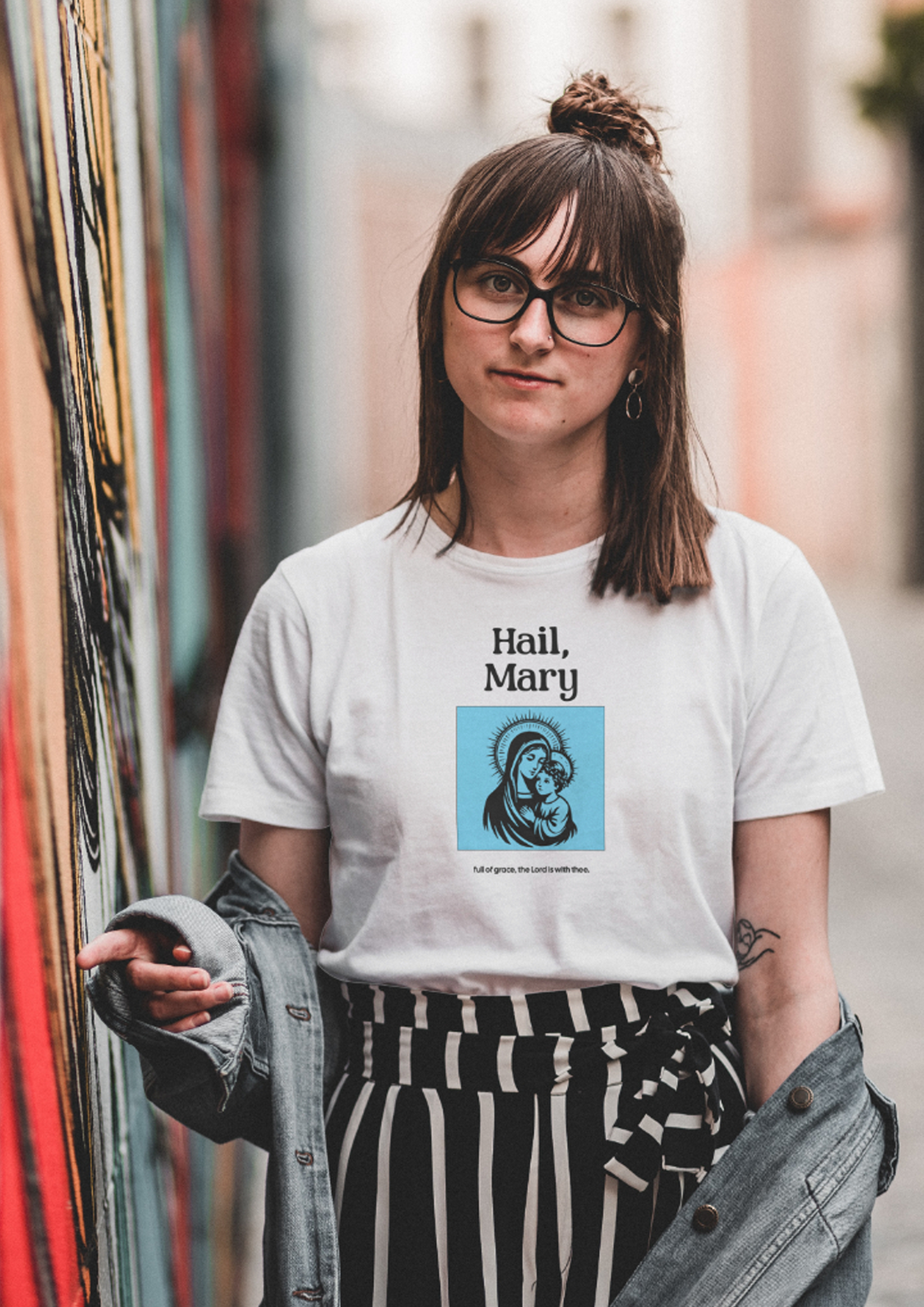 "Hail, Mary, Full of Grace" Women's Faith-Inspired Graphic T-Shirt